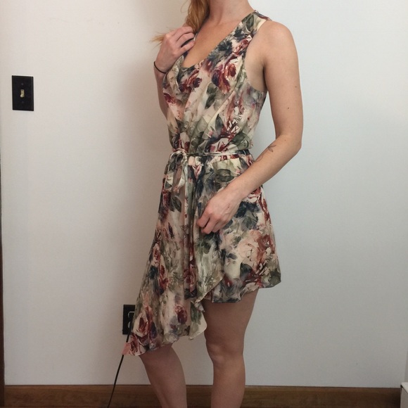 SOLD Haute Hippie Cream Floral Silk Asymm Dress - Picture 2 of 8